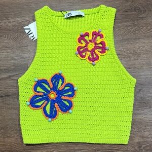 Zara Lime Green Floral Knit Crop Top